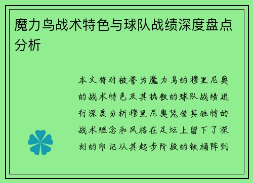 魔力鸟战术特色与球队战绩深度盘点分析